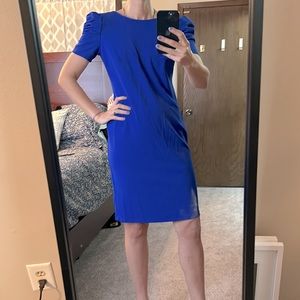 Blue cocktail dress with puff sleeve